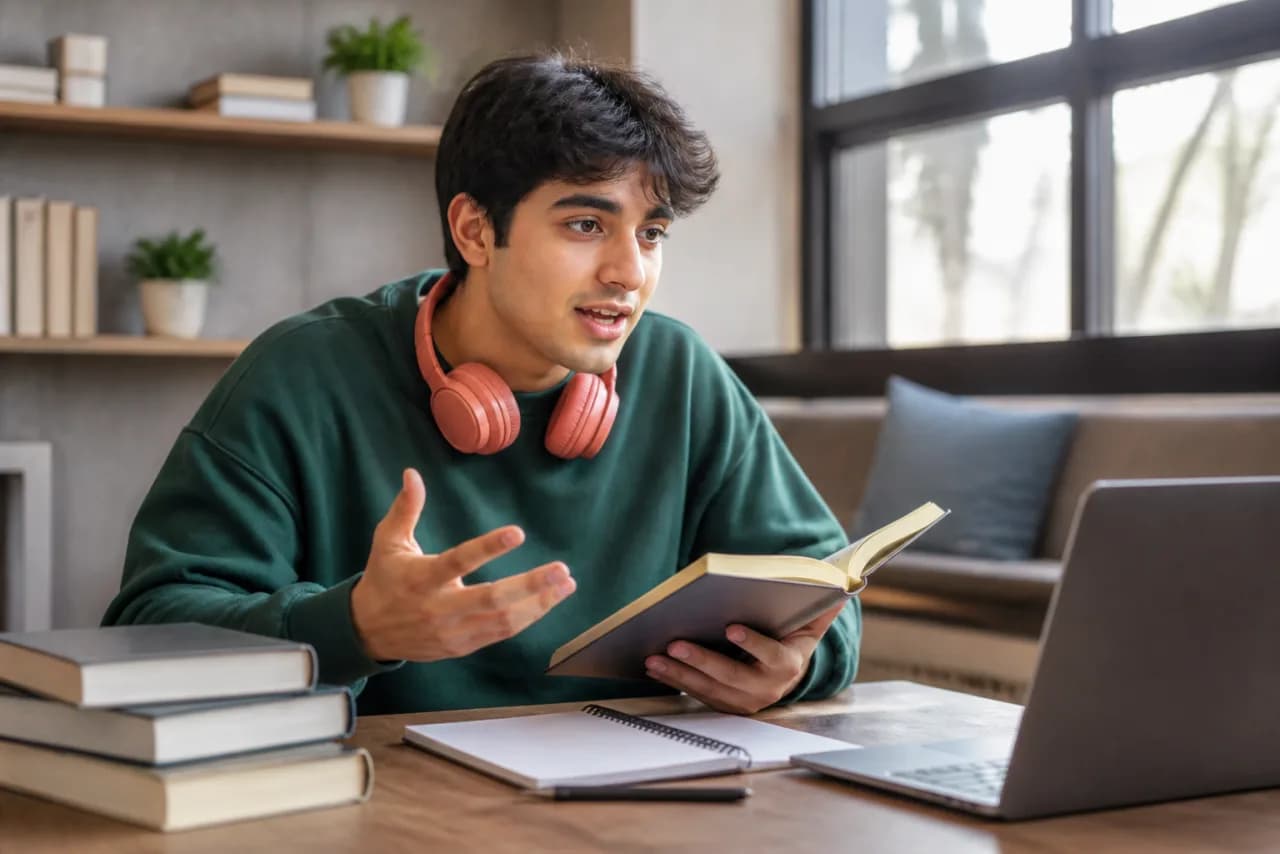 A university student explaining a difficult concept aloud to create study notes