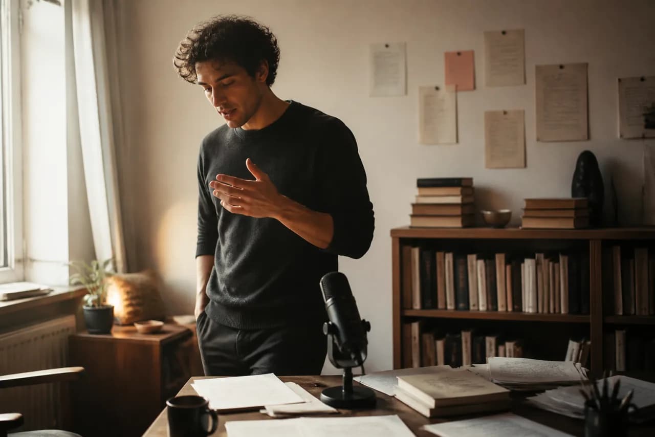 A fiction writer speaking a scene aloud while pacing beside manuscript pages