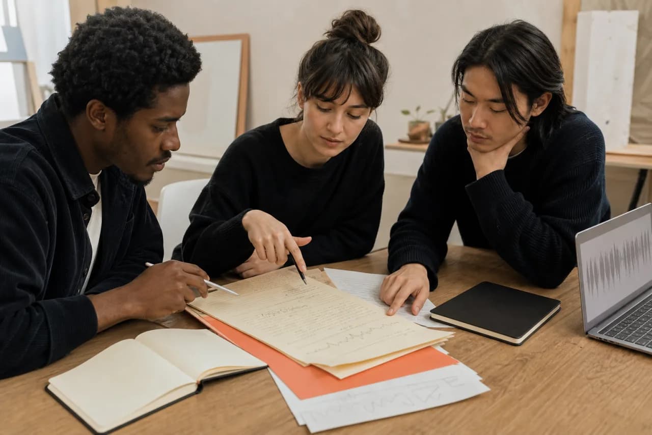 Three collaborators checking a voice-generated draft against original notes