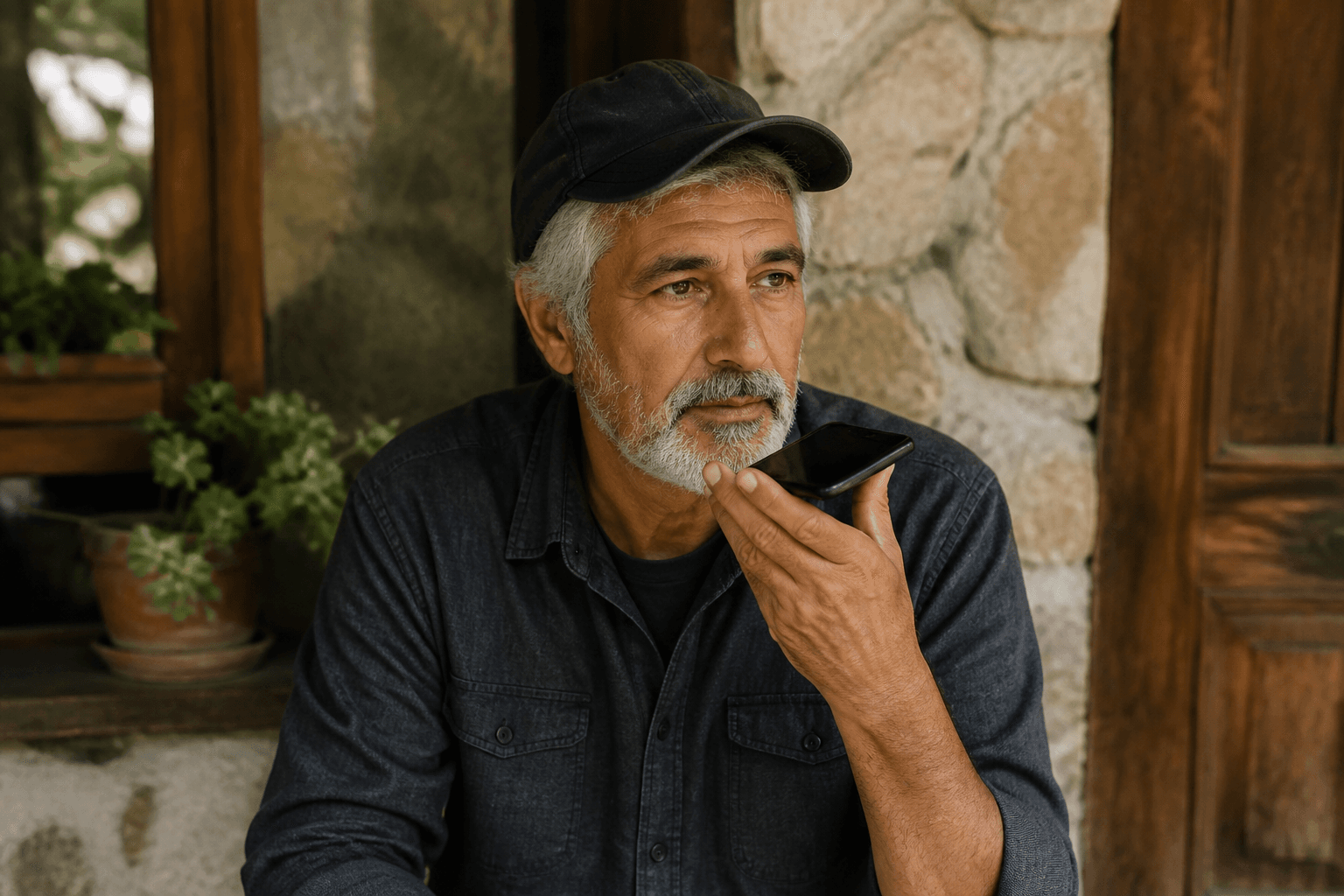 Older man listening to a voice message on his phone
