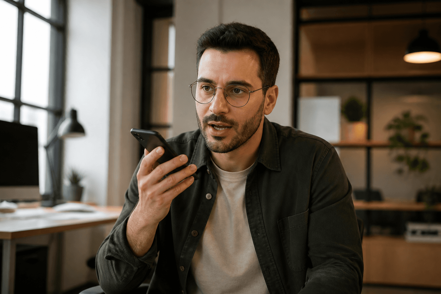 Professional recording a voice note on a phone