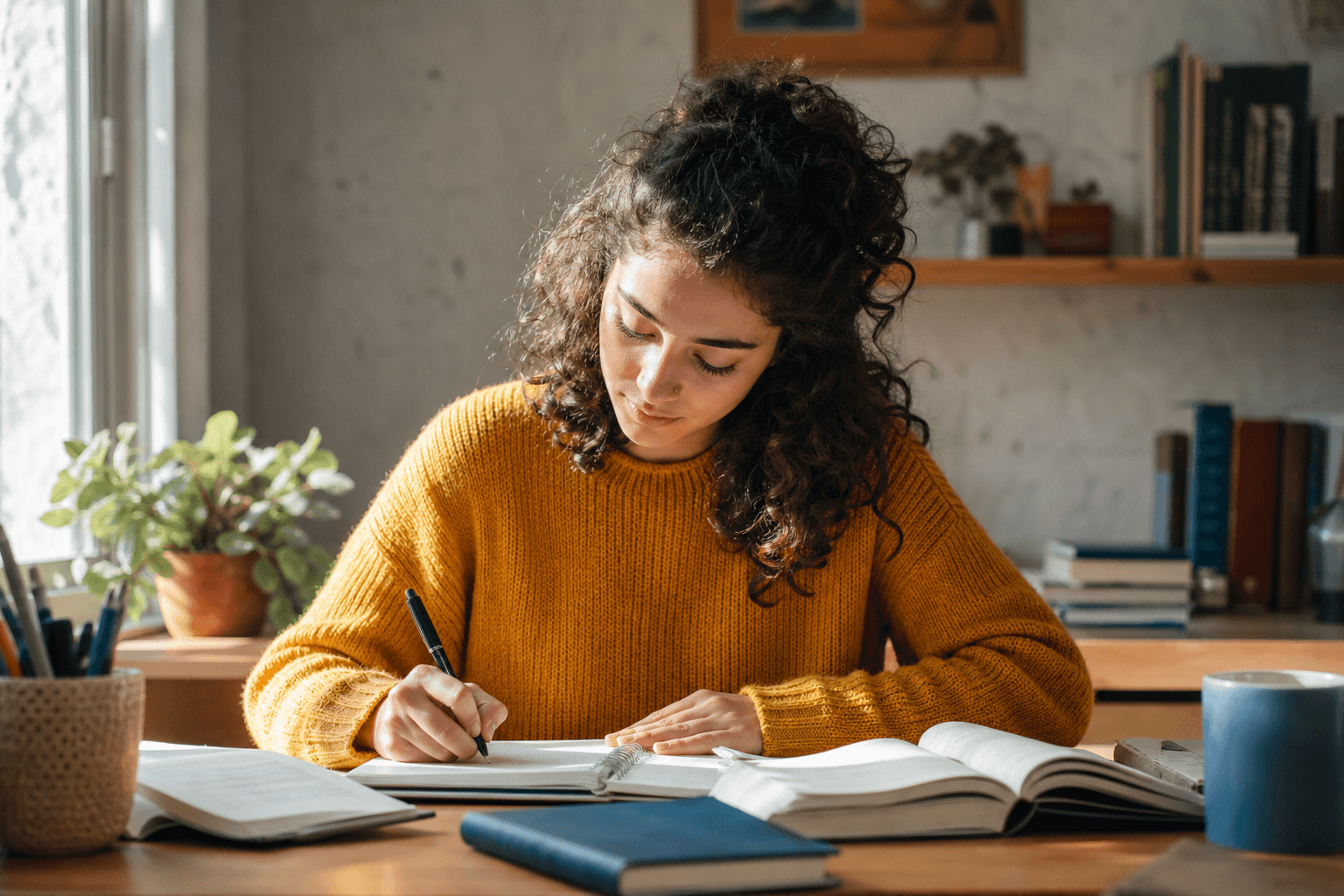 Student writing notes at a desk