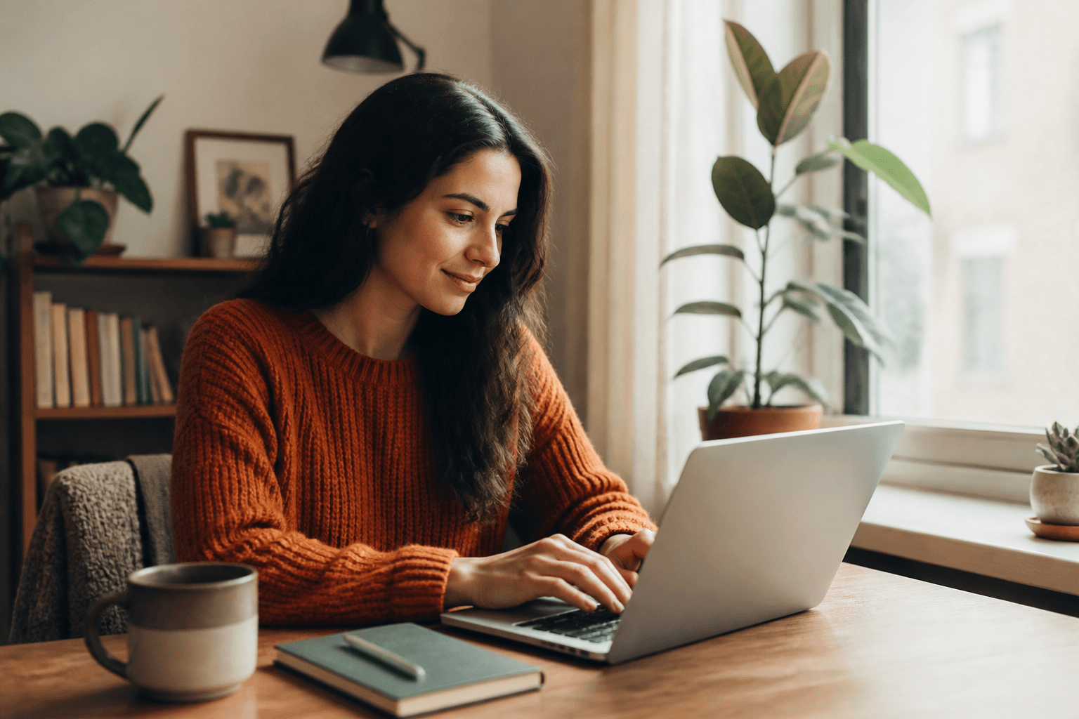 Writer typing at a laptop beside a coffee