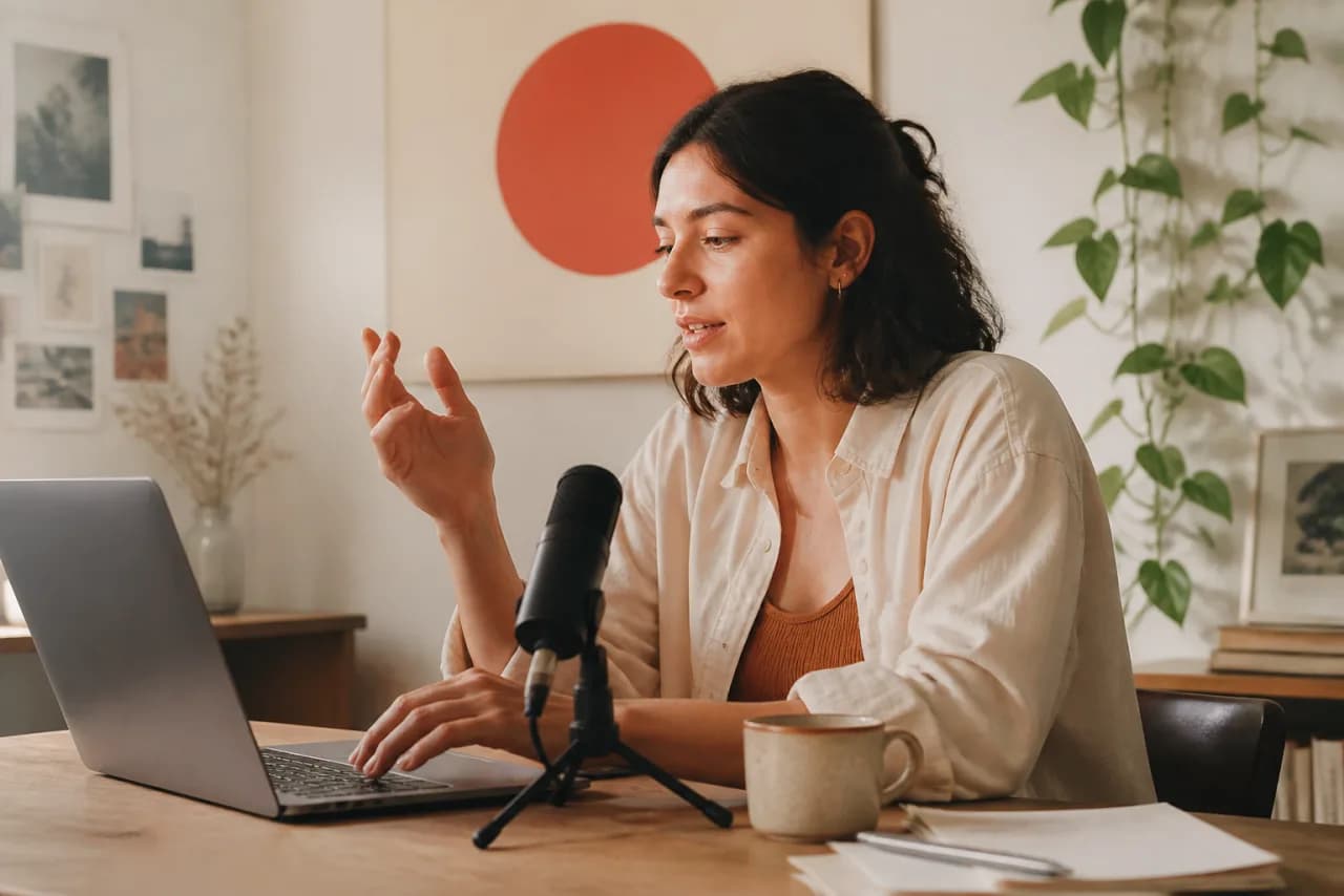 A person moving naturally from speaking an idea to editing it on a laptop
