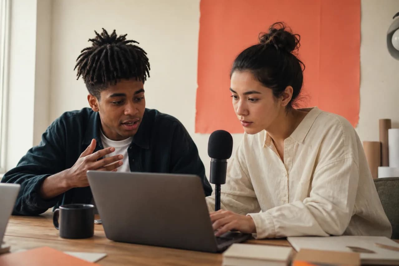 Two people testing and correcting a voice-written draft together