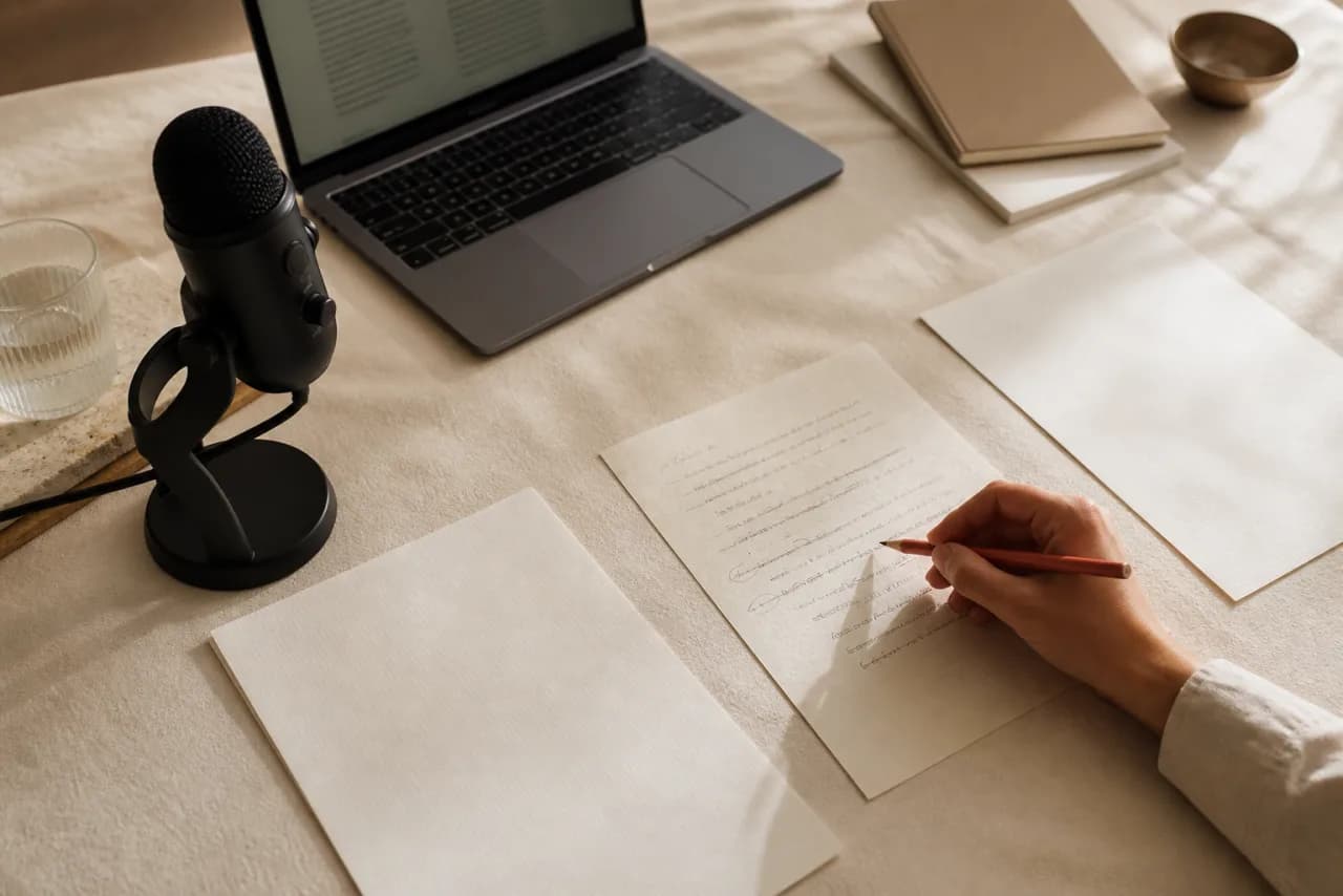 A human voice-writing workflow moving from microphone capture to careful written review