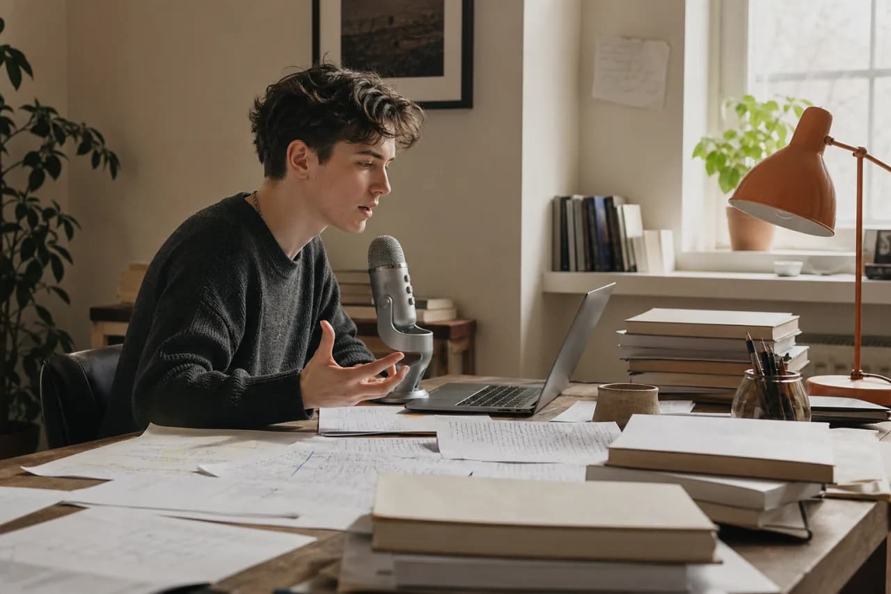 A researcher dictating a long-form outline while organizing source notes around a laptop