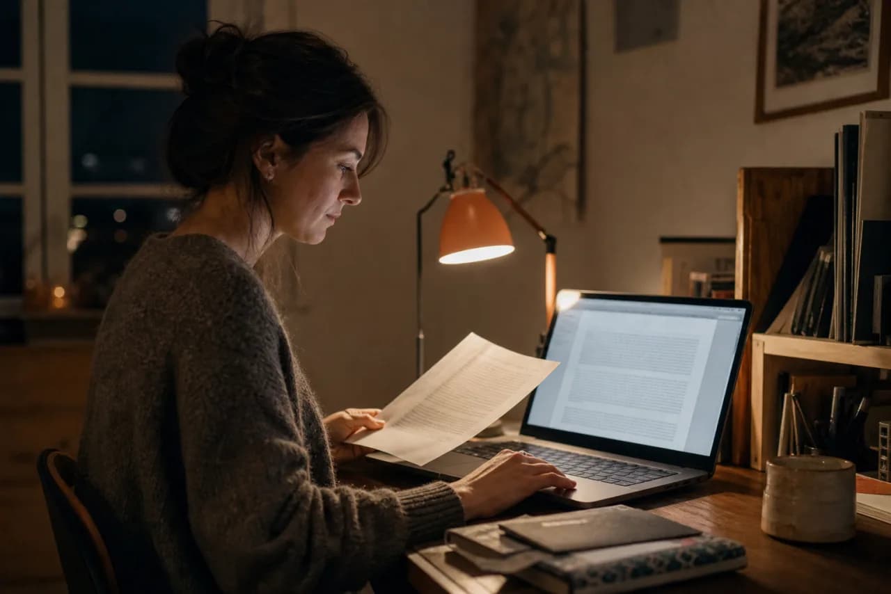 A writer comparing a long dictated draft with a printed page before export