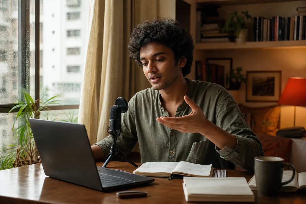 A young Bengali-speaking poet dictating a reflective first draft beside a laptop
