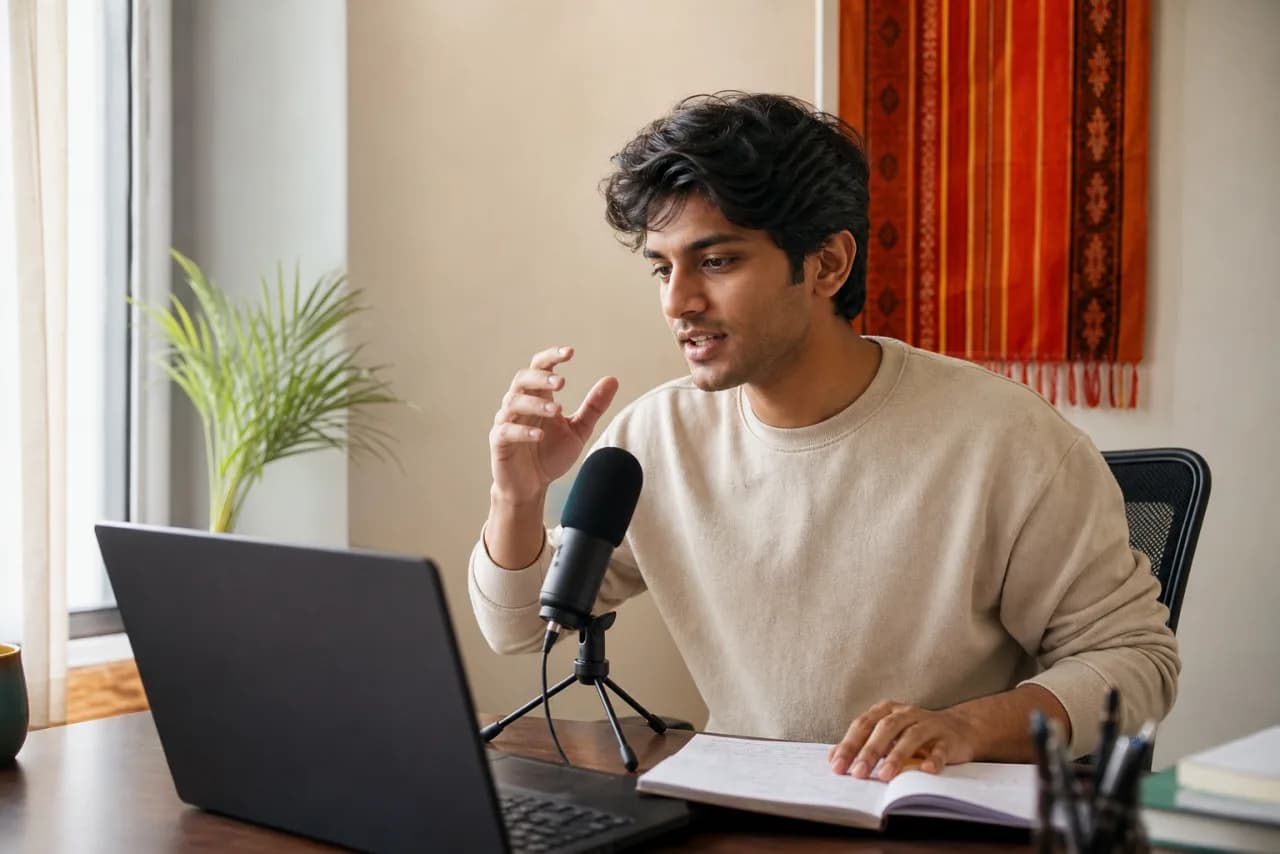 A young Hindi-speaking creator dictating a personal essay and pausing to edit