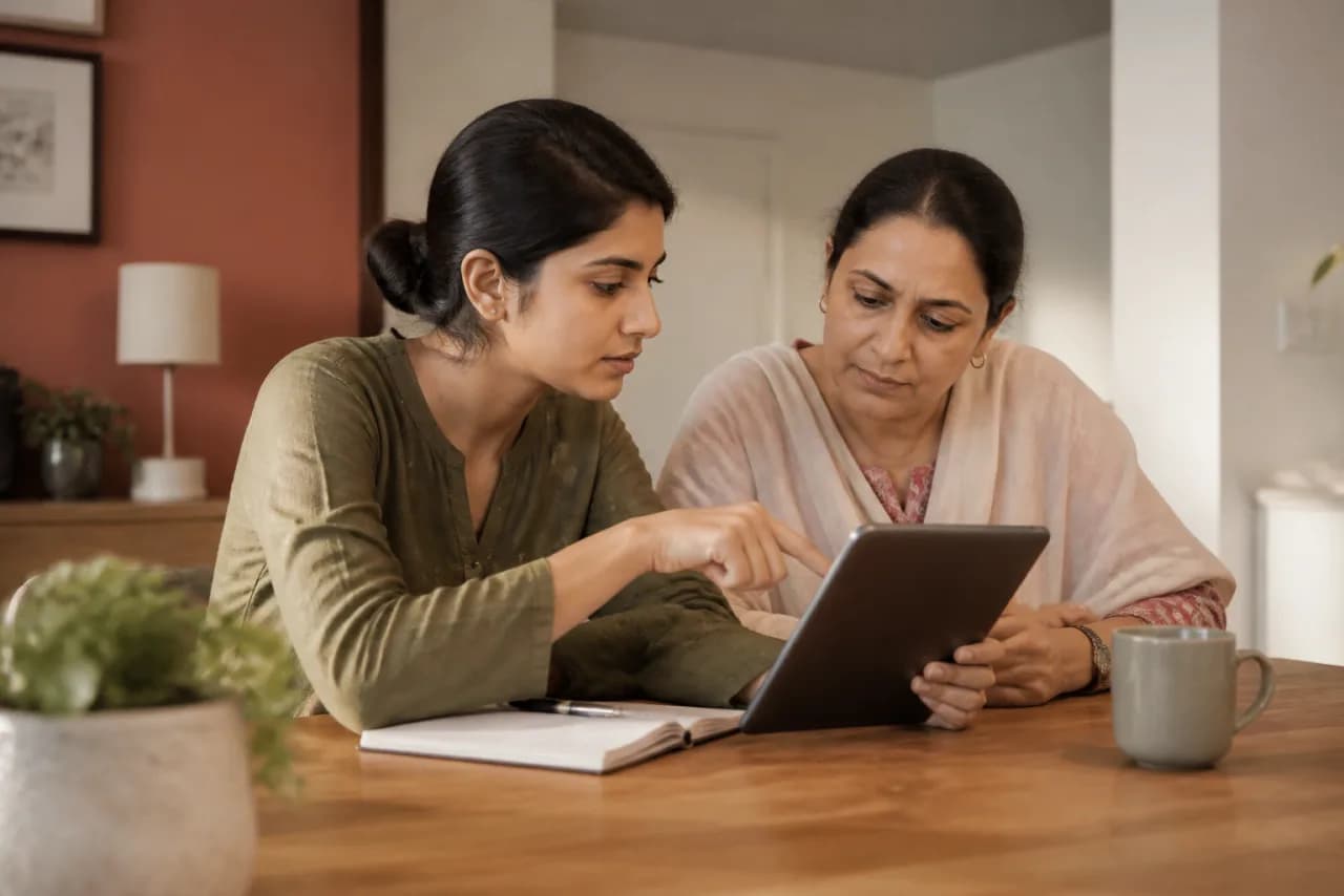Two generations of a Hindi-speaking family reviewing a voice-typed letter together