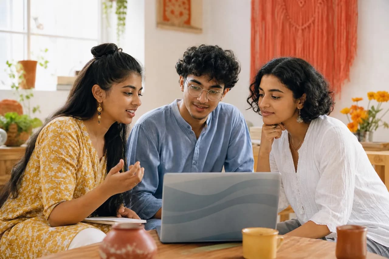 Three multilingual young adults taking turns testing voice typing and reviewing the draft