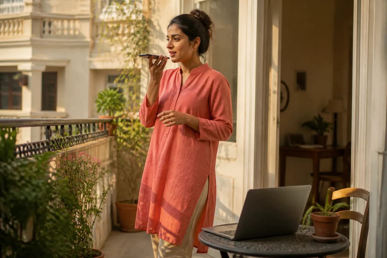 A Marathi-speaking creator capturing an idea by voice while walking on a balcony