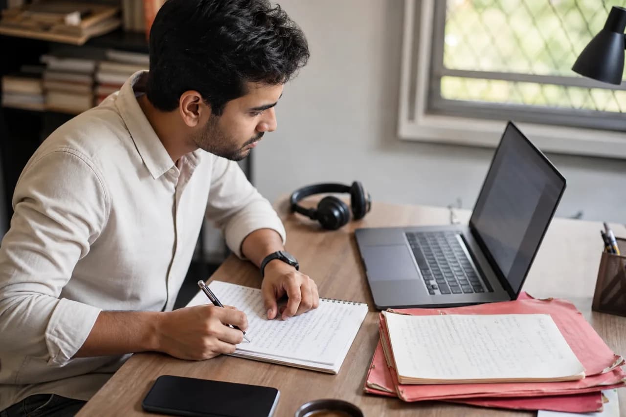 A Marathi-speaking journalist checking a voice-generated summary against source notes