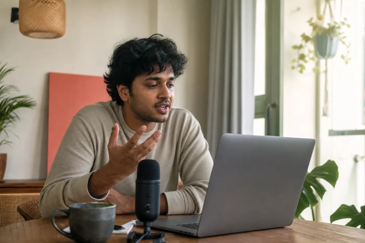 A young Tamil-speaking designer dictating a project reflection beside a laptop