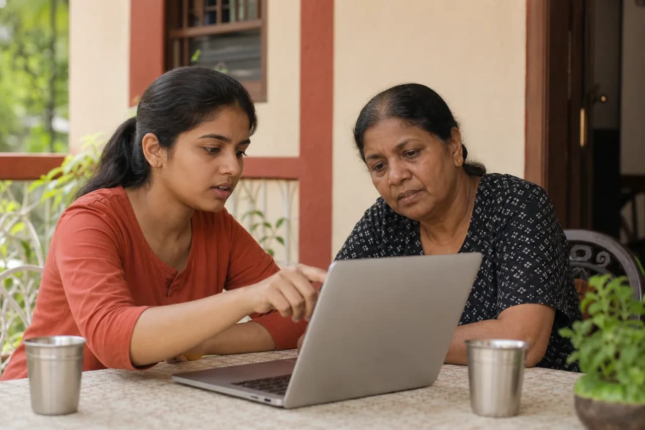 A young woman and an older relative reviewing a Tamil voice-typed announcement together
