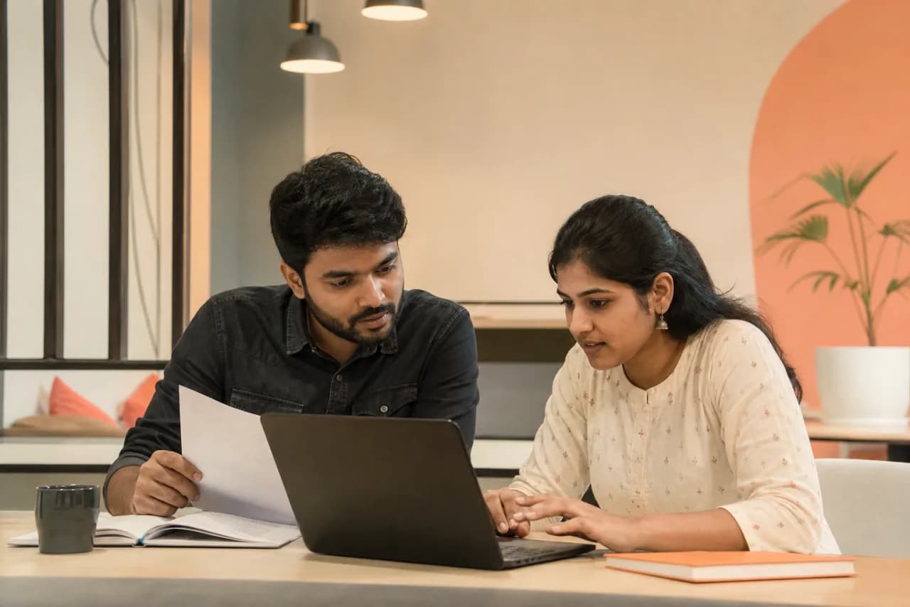 Two Telugu-speaking colleagues reviewing names and numbers in a voice-generated draft