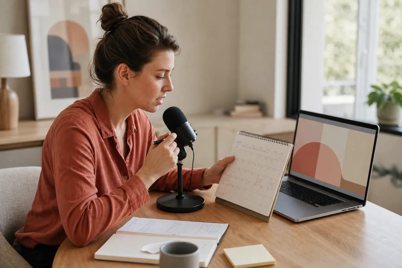 A product manager dictating a decision record and checking names and dates