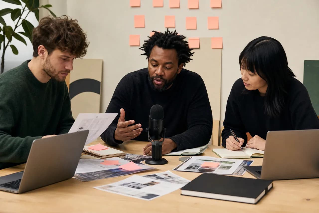 A team lead recording a debrief while teammates verify project decisions