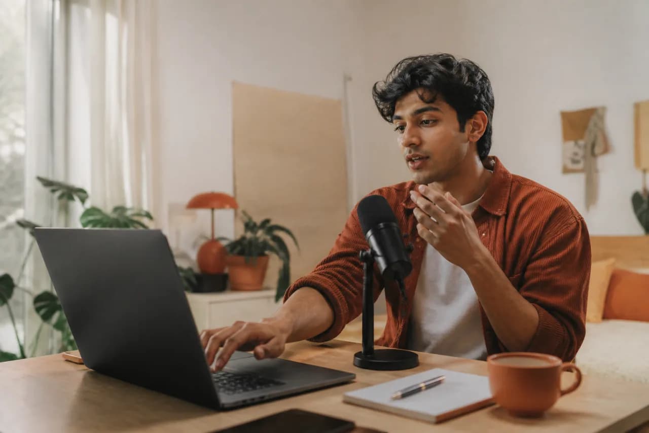 A young creator speaking an idea toward a laptop before returning to the keyboard to edit