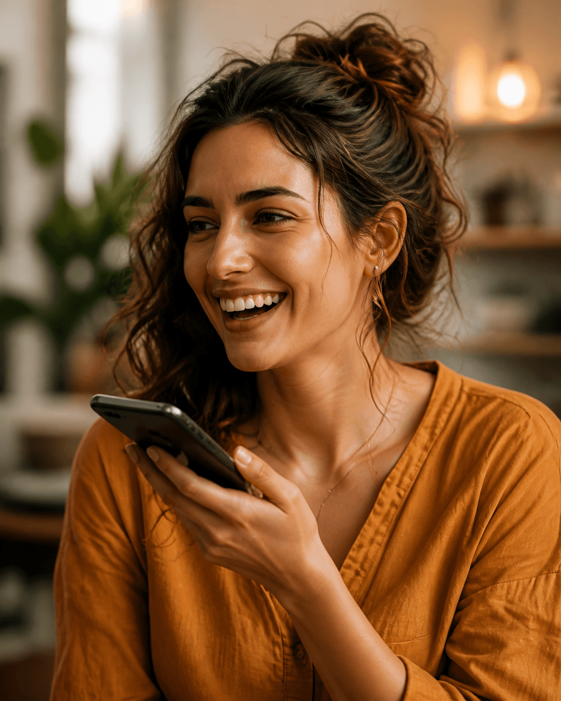 Woman smiling while speaking into her phone