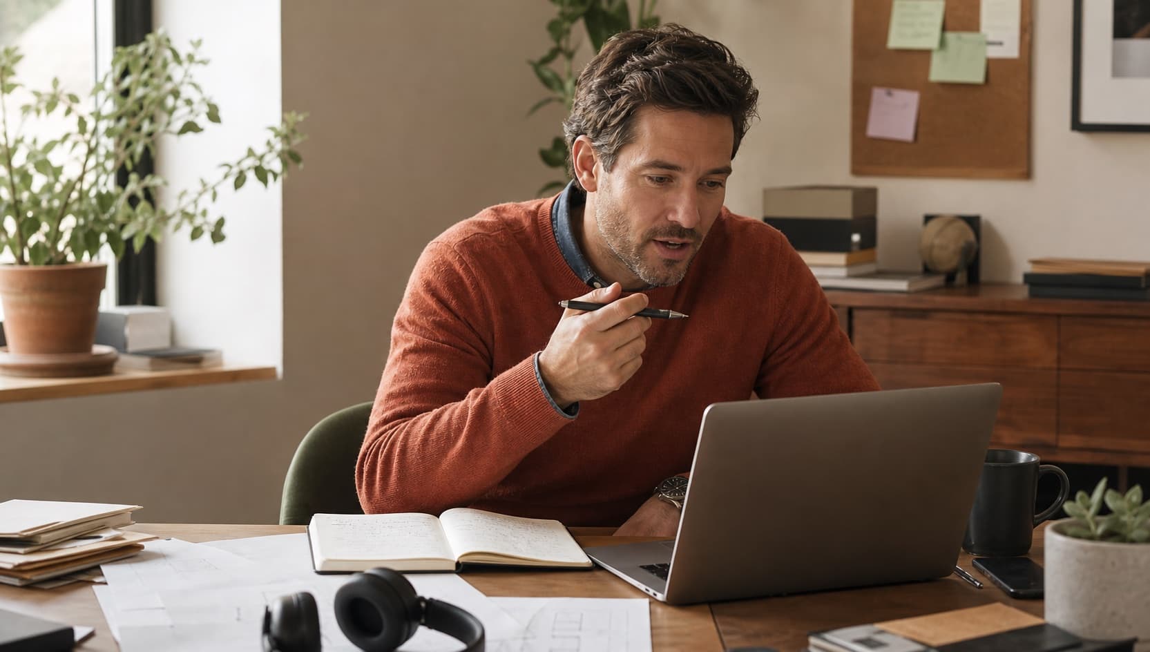 A professional reviewing a dictated meeting follow-up
