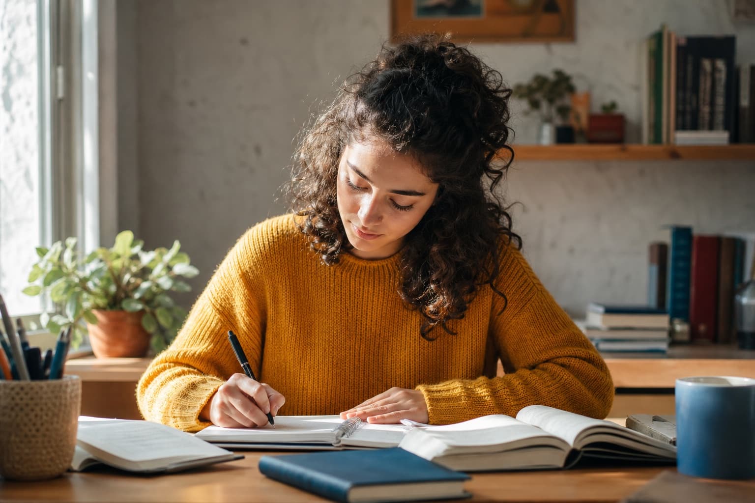 A student explaining a study topic aloud beside a laptop