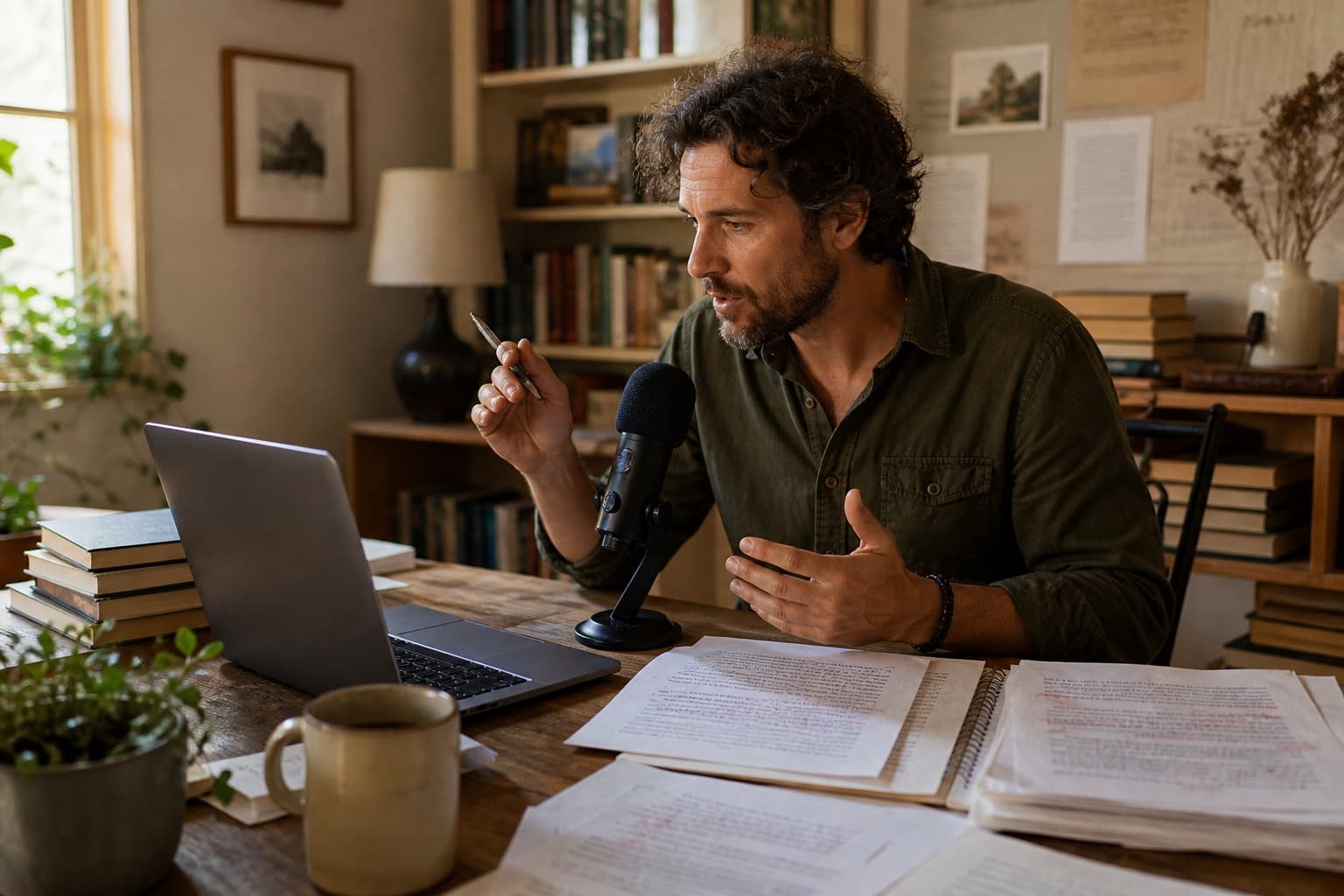 A writer dictating a manuscript section at a focused desk