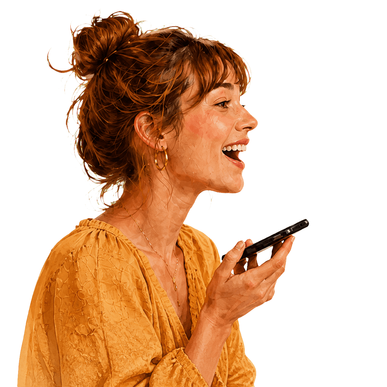 A woman smiling while speaking into a phone